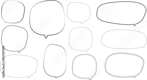 グレーの手描き風の吹き出しセット。線の幅に変化がある。かわいくてゆるい感じ。