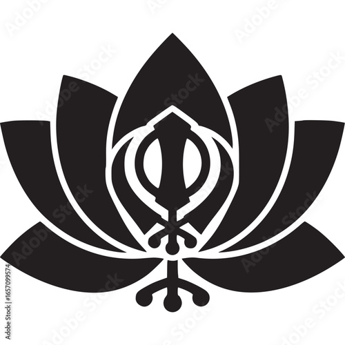 Khanda symbol within a lotus flower, isolated on white background, representing sikhisms core tenets and spiritual significance