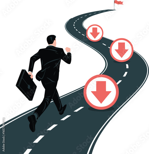 Man in suit running on winding road with downward arrow signs towards flag path