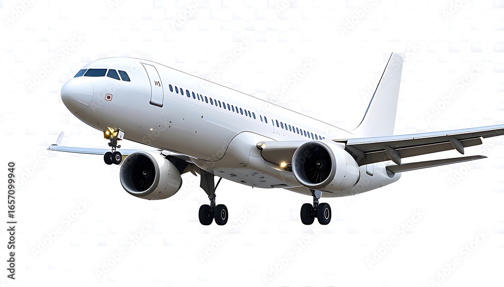 Fototapeta premium White airplane in descent against a plain background.
