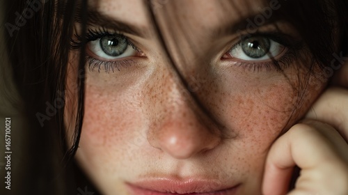 Close-up Portrait of a Young Woman with Freckles and Striking Green Eyes