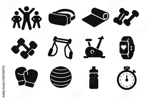 Balance pose boxing fitness vr virtual bands bike mat icon group vector