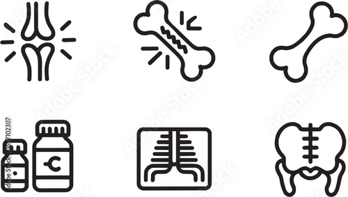 Bone and X-ray medical icon set. Vector glyph pictograms of skeleton anatomy, human fracture, healthcare radiology, hospital injury, orthopedic scan, biology physiology, diagnostic science black silho