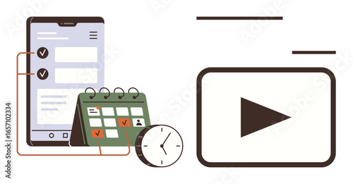 Smartphone screen displays tasks, green calendar with checkmarks, clock, video play screen. Ideal for productivity, time management, scheduling, tutorials, education digital planning focus