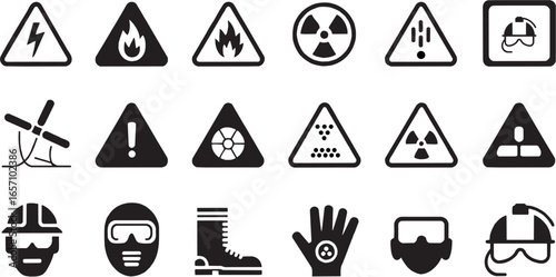 Biohazard and high voltage warning icon set. Vector glyph pictograms of toxic hazard, radioactive symbol, chemical danger, electric shock, workplace safety, industrial risk, emergency caution, protect