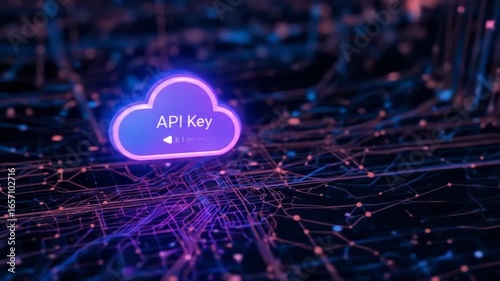 API Key: Secure Cloud Access, Dynamic Network Visualization, Neon Glow