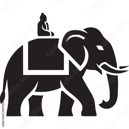 Black elephant with a buddha statue on its back isolated on white background, a symbol of wisdom, peace, and spiritual enlightenment