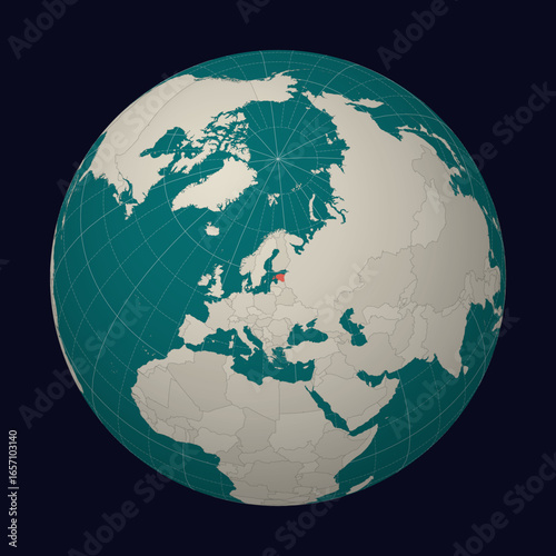 Republic of Estonia on the map. Globe centered to Estonia. Country location on the world map. Teal Pale Mint color palette. Globe with countries, meridians and parallels. Trending vector illustration.