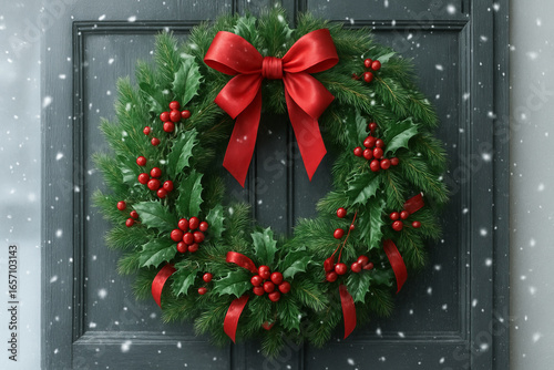 Festive christmas wreath with red bow and holly berries adorning a door in winter snow. concept of holiday decoration, traditional ornament, seasonal celebration