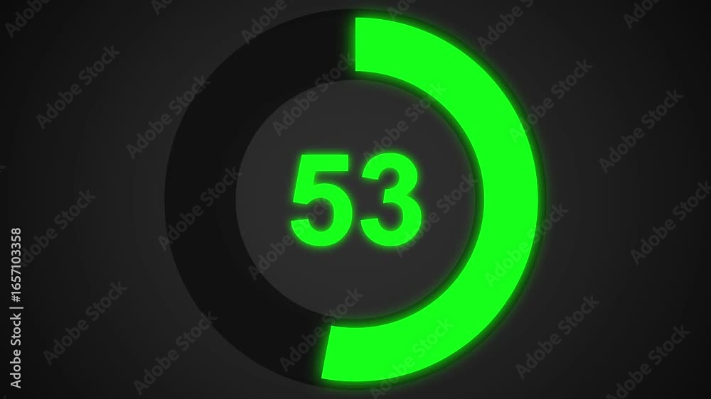 Numerical counting from 0 to 53. Circular progress bar with bright neon ...