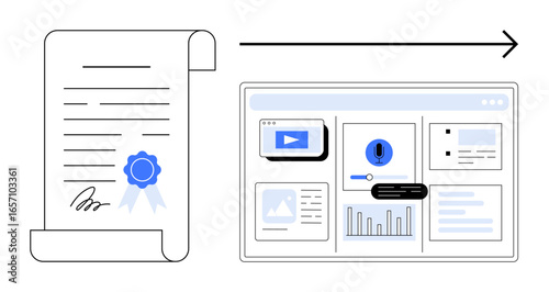 Certified document linked to multimedia content on a digital interface. Ideal for digitization, data transfer, certification, e-learning, innovation, modernization, and workflow efficiency. Simple
