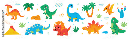 Dinosaur vector set. Cute prehistoric reptiles collection. Adorable childish Dino, Tyrannosaurus, Brontosaurus, Parasaurolophus. White isolated background.