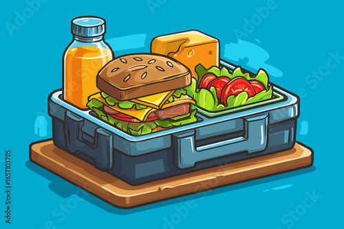 Colorful Bento Box Lunch with Sandwich, Veggies, and Juice on Bright Blue Background