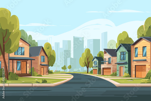 Modern Suburban Neighborhood with Trees and Cityscape Background