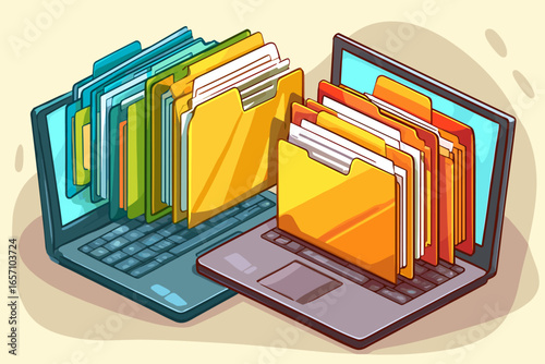 Colorful Laptops with Folders Representing Digital File Management and Organization