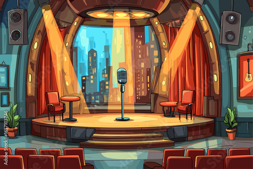 Cozy Comedy Club Stage with Microphone and City View