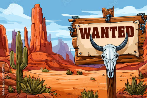 Wanted Poster in Desert Landscape with Cacti and Rock Formations