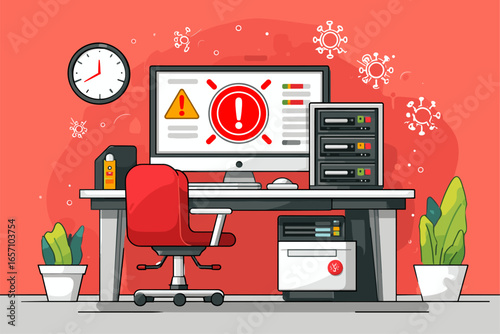 Modern Workspace Illustration Featuring Warning Alert on Computer Screen