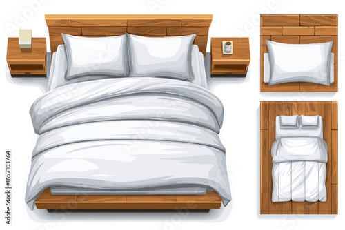 Stylish Bedroom Design with Elegant Bed and Accessories in Vector Art