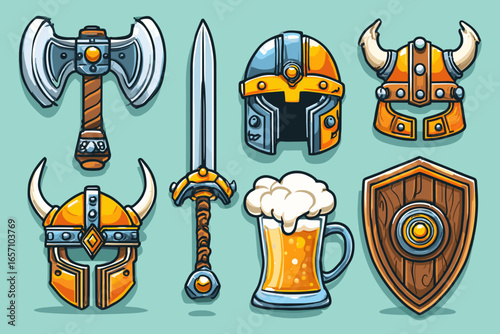 Vector Set of Fantasy Warrior Elements: Weapons, Armor, and Beer