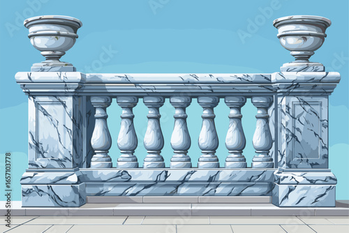 Elegant Marble Railing with Decorative Pots Against a Blue Sky