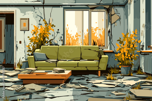 Abandoned Living Room with Overgrown Plants and Deteriorating Walls