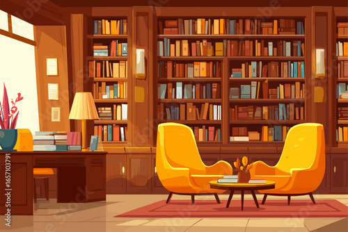 Cozy Library Interior with Warm Colors and Stylish Furniture