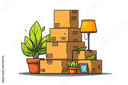 Illustration of Moving Boxes, Houseplants, and a Table Lamp for Home Decor