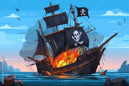 Dynamic Illustration of a Burning Pirate Ship on the Open Sea