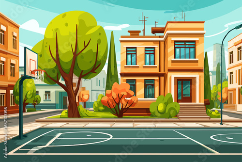 Charming Neighborhood Scene with Basketball Court and Lush Trees