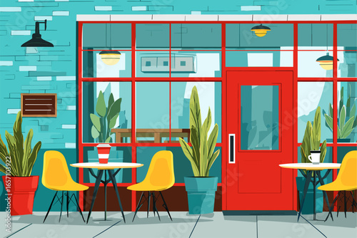 Charming Cafe Entrance with Colorful Seating and Urban Plants