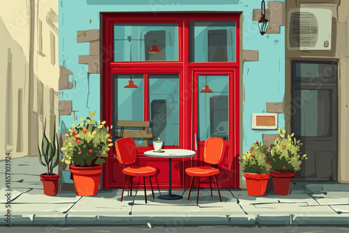 Charming Street Cafe with Red Accents and Greenery in a Cozy Urban Setting