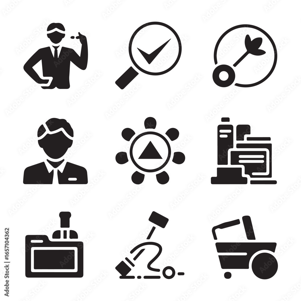 Fototapeta premium Quality Control Web Icons Set, Solid Silhouette Vector Symbols for Audit, Compliance, Product Testing, Safety & Manufacturing
