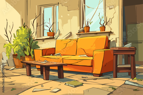 Abandoned Living Room with Orange Couch and Overgrown Plants