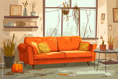 Stylish Orange Sofa in a Cozy Vintage Living Room Setting
