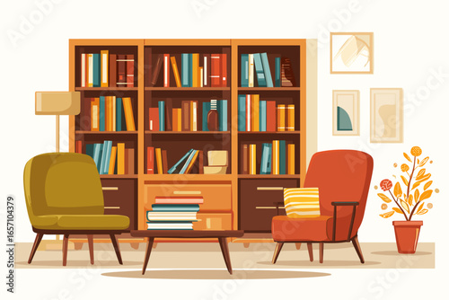 Cozy Living Room Interior with Bookshelf and Comfortable Seating