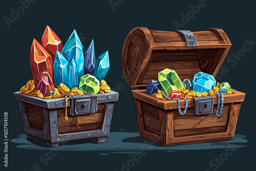Vector Treasure Chests Filled with Colorful Gems and Gold Coins