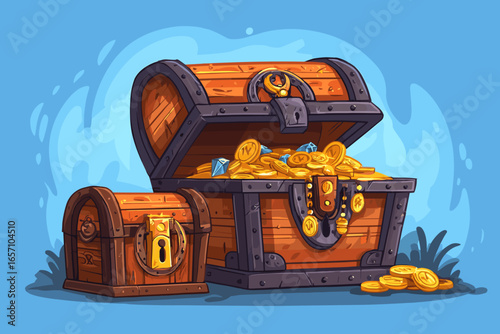 Colorful Treasure Chests Overflowing with Gold Coins and Gems
