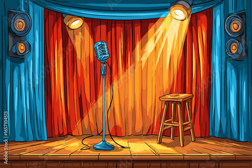 Illustration of a Comedy Stage with Microphone and Bar Stool