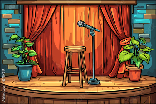 Cozy Stand-Up Comedy Stage with Microphone and Plants