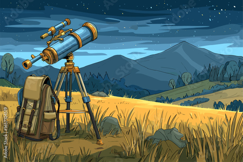 Night Sky Observation: Telescope on a Mountain Landscape Under Starry Sky