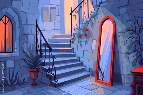 Enchanting Stairway with Red-framed Mirror in a Mystical Setting