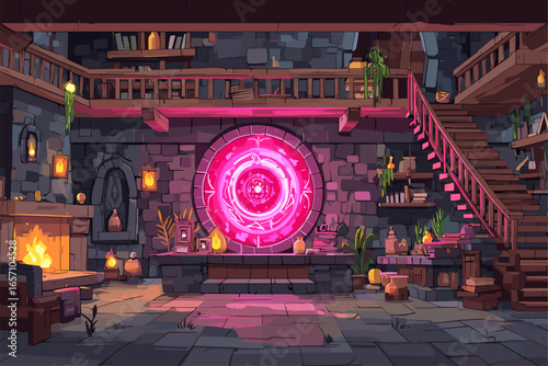 Fantasy Wizard's Workshop with Magical Portal and Cozy Atmosphere