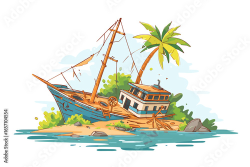 Colorful Illustration of a Stranded Boat on a Tropical Island with Palm Trees