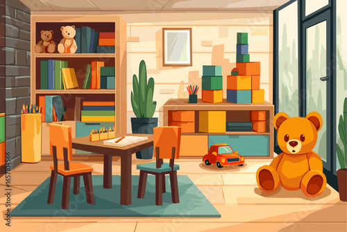 Cozy Playroom Interior with Colorful Toys and Furniture