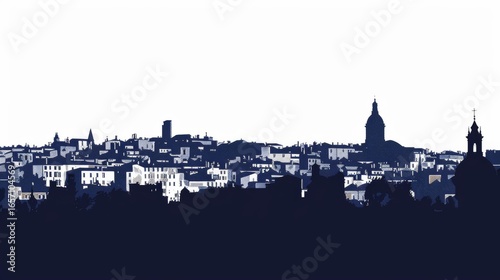  Nimes skyline silhouette in navy blue illustrating iconic cityscape against bright sky background