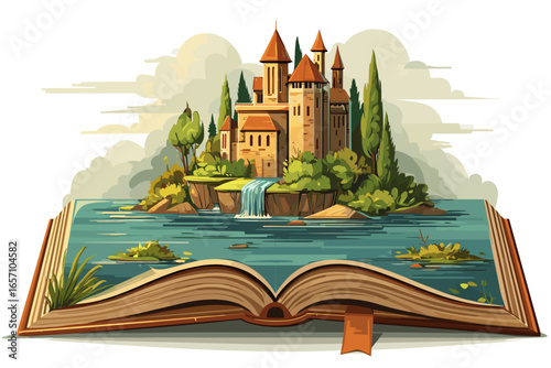 Magical Open Book with Enchanted Castle Illustration