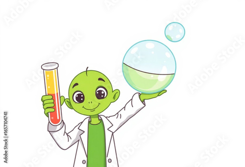 Químico em laboratório feliz com experimentos.