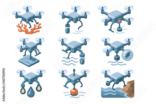 Pollution submarine drone sampler docking oceanography micro vector icon coastal tracker nano