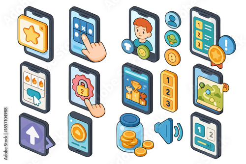 Gamified swipe interaction icons selector leaderboard icon vector notification customizer tracker learning